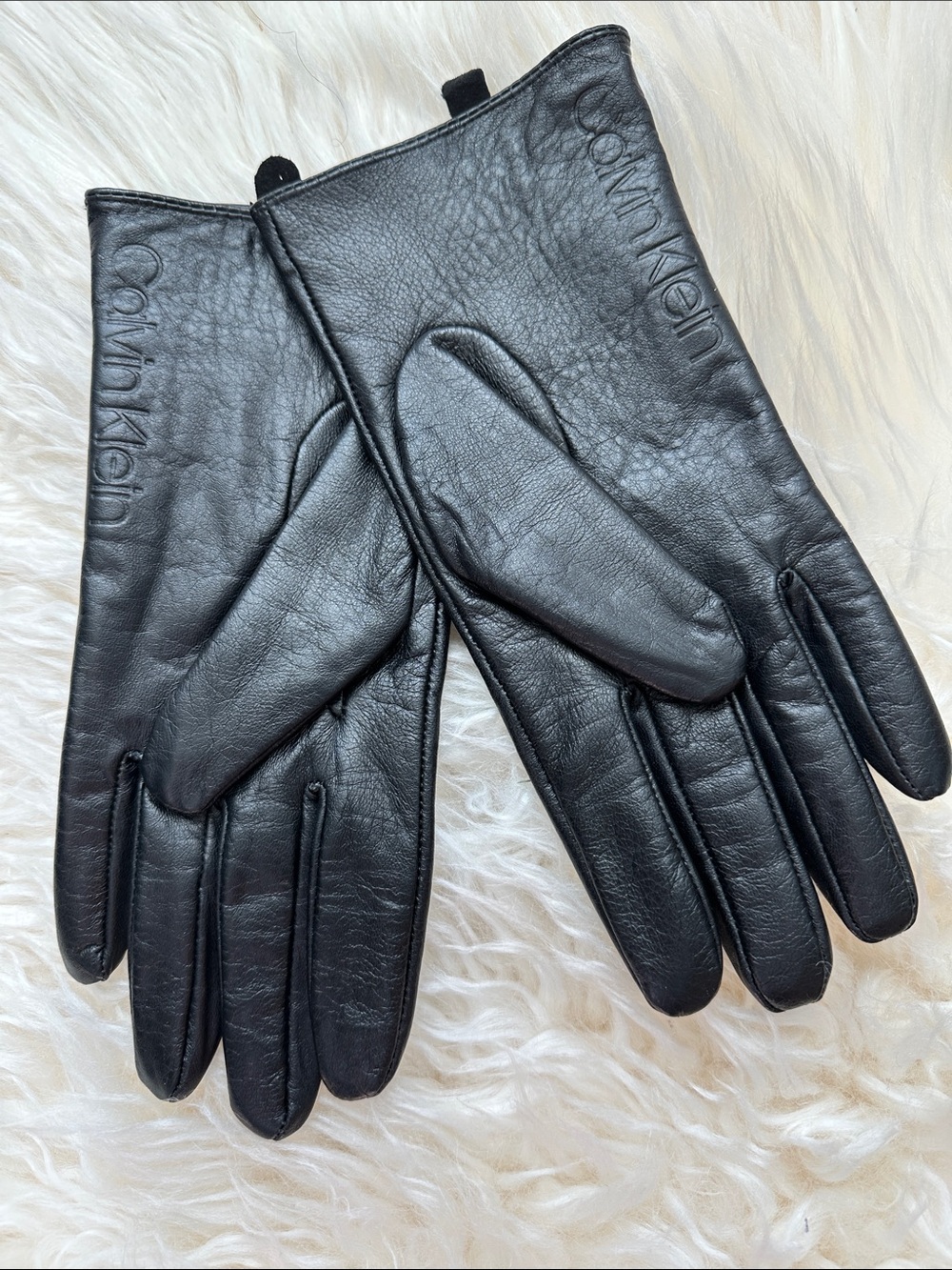 Calvin Klein Black Leather Woman Gloves with Embossed Logo - Large
